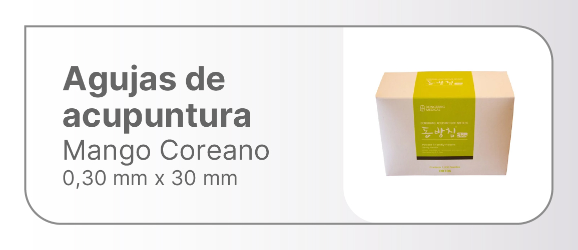 Diámetro	0,30 mm
Largo	30 mm
Tipo de Mango	Coreano
Marca	Dong Bang
Descripción
Marca: Dong Bang
Origen: Corea
Autorizado por la ANMAT PM-335-01
VENTA EXCLUSIVA A PROFESIONALES E INSTITUCIONES SANITARIAS

Agujas de acupuntura Dong Bang-mango Spring-Un aplicador cada 10 agujas- Caja 1000 unidades-Diametro: 0.30mm Largo útil: 30mm
