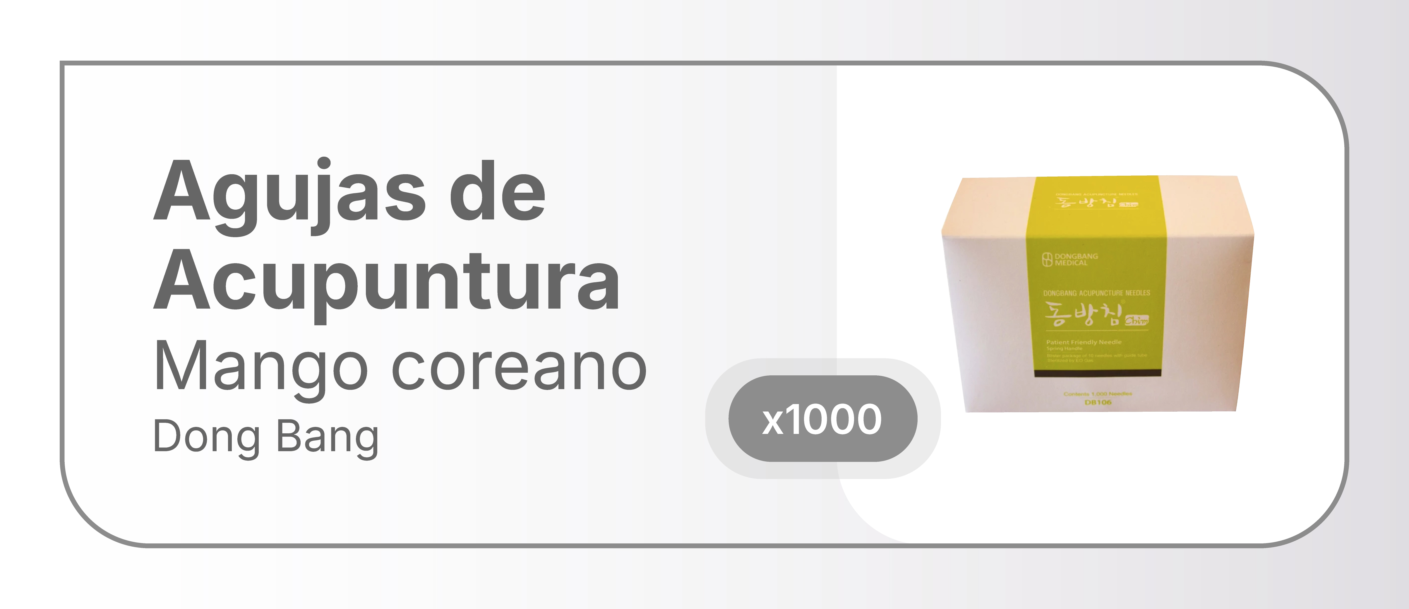 Marca: Dong Bang
Origen: Corea
Autorizado por la ANMAT PM-335-01
VENTA EXCLUSIVA A PROFESIONALES E INSTITUCIONES SANITARIAS

Agujas de acupuntura Dong Bang-mango Spring-Un aplicador cada 10 agujas- Caja 1000 unidades-Diametro: 0.30mm Largo útil: 30mm