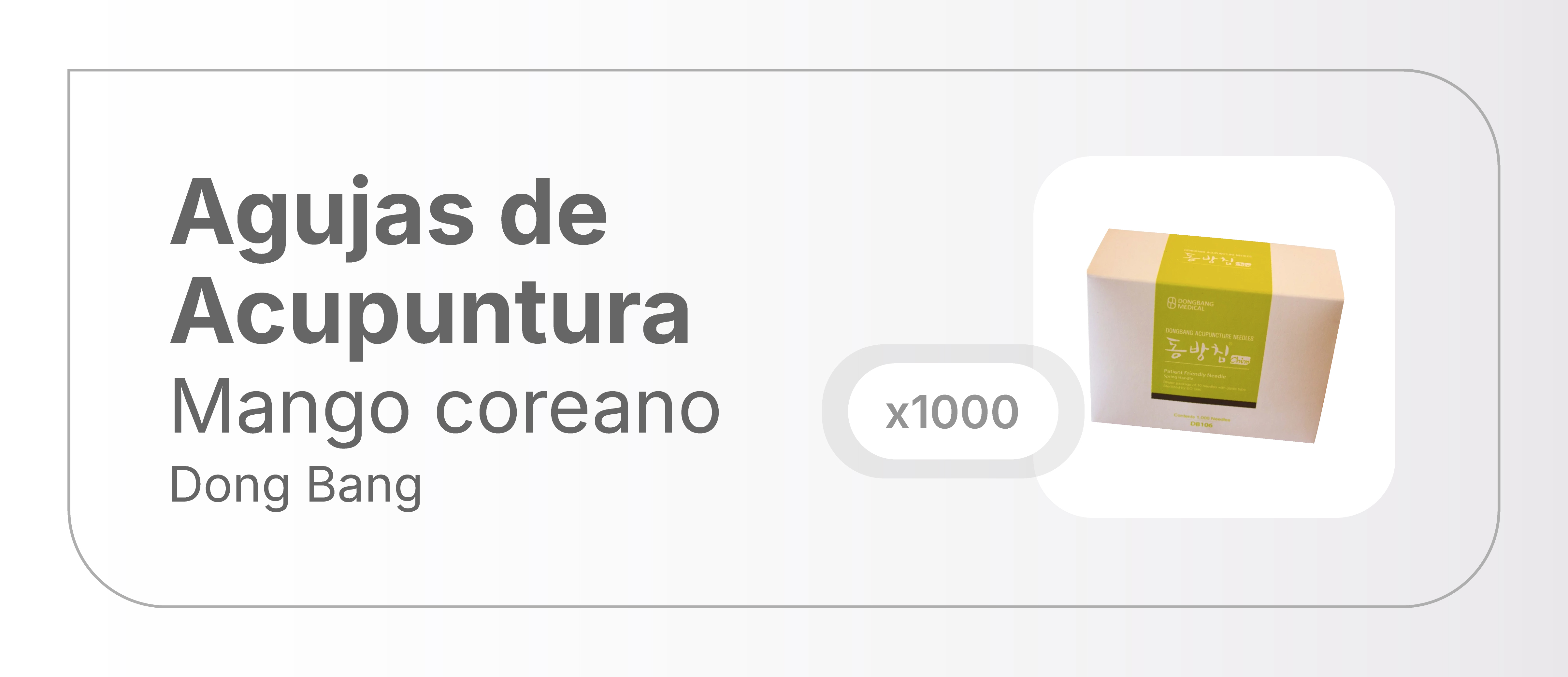 Diámetro	0,30 mm
Largo	30 mm
Marca	Dong Bang
Tipo de Mango	Coreano
Descripción
Marca: Dong Bang
Origen: Corea
Autorizado por la ANMAT PM-335-01
VENTA EXCLUSIVA A PROFESIONALES E INSTITUCIONES SANITARIAS

Agujas de acupuntura Dong Bang-mango Spring-Un aplicador cada 10 agujas- Caja 1000 unidades-Diametro: 0.30mm Largo útil: 30mm