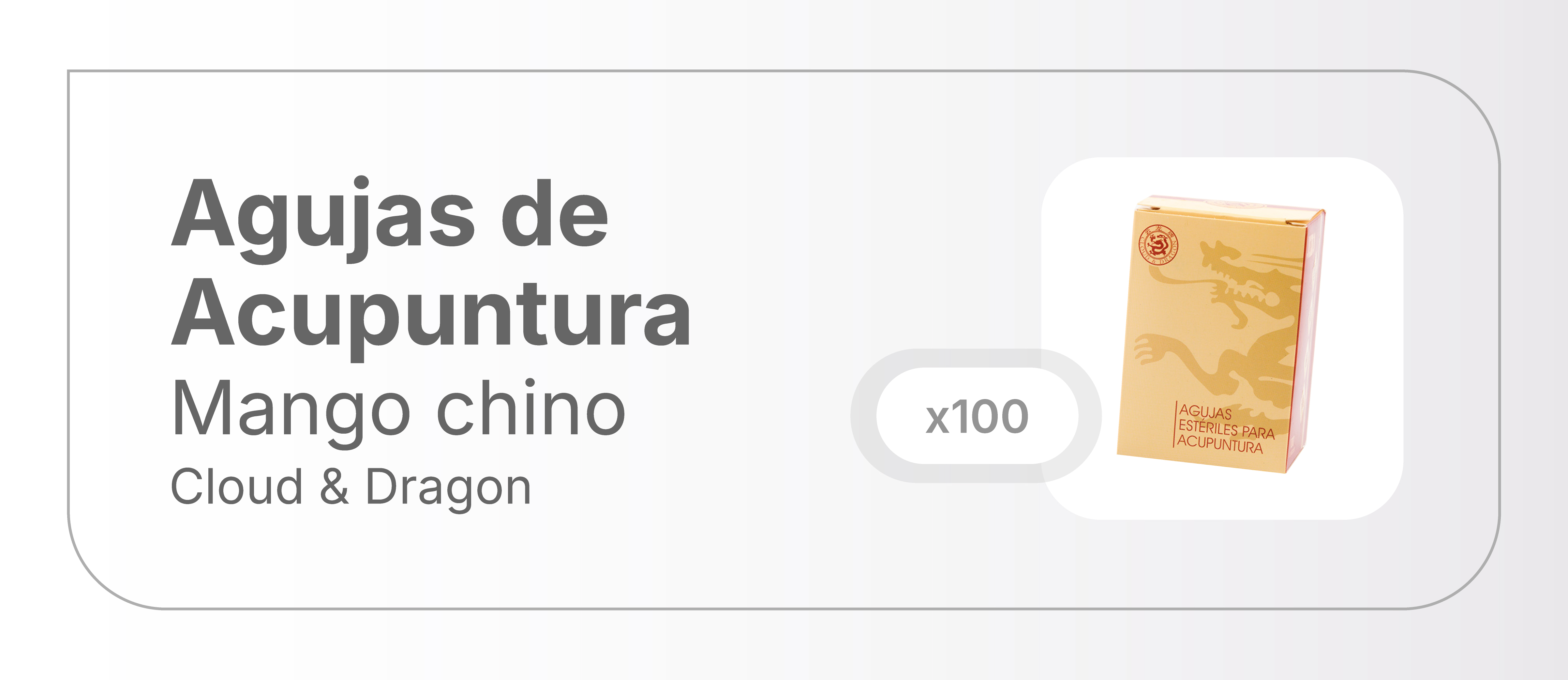 Diámetro	0,30 mm
Largo	25 mm
Marca	Cloud & Dragon
Tipo de Mango	Chino Plateado
Descripción
MARCA: CLOUD & DRAGON
ORIGEN: CHINA
AUTORIZADO POR LA ANMAT PM-335-04
VENTA EXCLUSIVA A PROFESIONALES E INSTITUCIONES SANITARIAS.

Agujas de acupuntura Cloud&Dragon-mango plateado-Un aplicador por aguja- Caja 100 unidades-Diametro: 0.30mm Largo útil: 25mm